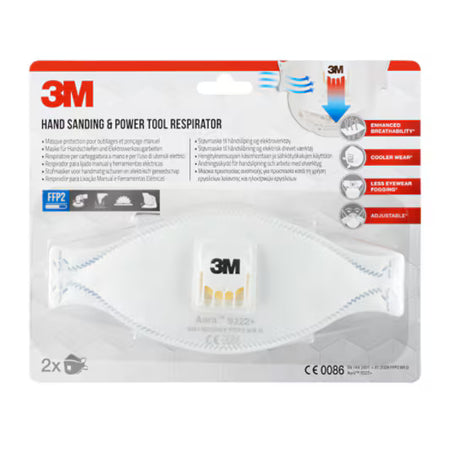 3M™ Aura™ Atemschutzmaske für manuelles und maschinelles Schleifen 9322+, FFP2, mit Ventil, 2 Stück/Packung