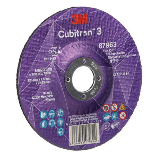 3M™ Cubitron™ 3 Trennscheibe, 87963, 36+, T42, 125 mm x 2,5 mm x 22,23 mm, EN, 25 Stück/Packung, 50 Stück/Karton