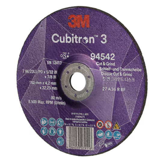 3M™ Cubitron™ 3 Trenn- und Schruppscheibe, 94542, 36+, T27, 180 mm x 4,2 mm x 22,23 mm, EN, 10/Packung, 20 Stück/Karton