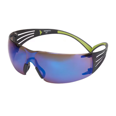 3M™ SecureFit™ 400 Schutzbrille, schwarz/grüner Rahmen, kratzfeste, blaue Spiegelgläser, SF408AS-EU