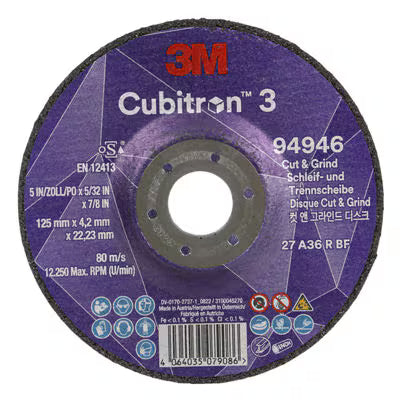 3M™ Cubitron™ 3 Cut & Grind Scheibe, 94946, 36+, T27, 125 mm x 4,2 mm x 22,23 mm, EN, 10 Stück/Packung, 20 Stück/Karton