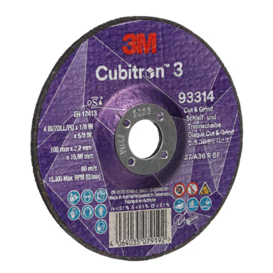 3M™ Cubitron™ 3 Trenn- und Schruppscheibe, 93314, 36+, T27, 100 mm x 3,2 mm x 15,88 mm, EN, 10/Packung, 20 Stück/Karton
