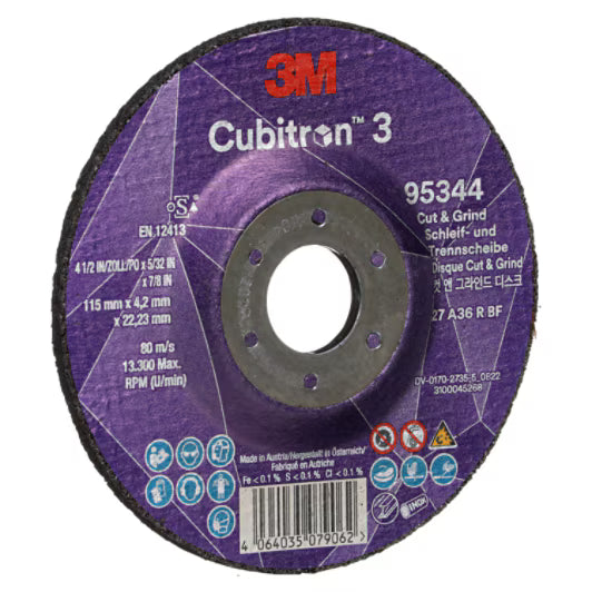 3M™ Cubitron™ 3 Trenn- und Schruppscheibe, 95344, 36+, T27, 115 mm x 4,2 mm x 22,23 mm, EN, 10/Packung, 20 Stück/Karton