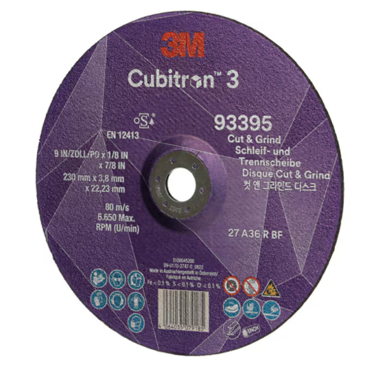 3M™ Cubitron™ 3 Trenn- und Schruppscheibe, 93395, 36+, T27, 230 mm x 3,8 mm x 22,23 mm, EN, 10 Stück/Packung, 20 Stück/Karton