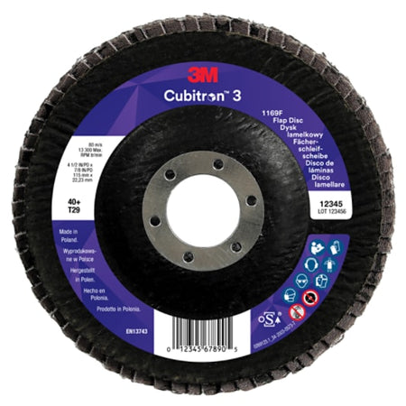 3M™ Cubitron™ 3 Lamellenschleifscheibe 1169F, 40+, T29-Konisch, 115 mm x 22.23 mm, 1 Stück/Pack, 10 Stück/Karton, Musterpackung
