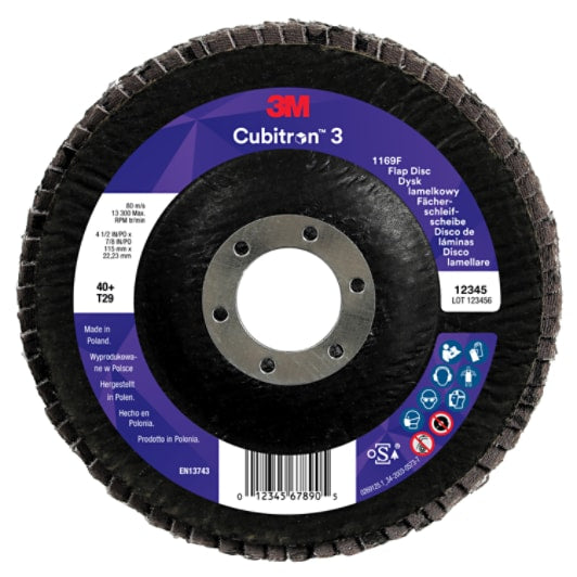 3M™ Cubitron™ 3 Lamellenschleifscheibe 1169F, 40+, T29-Konisch, 115 mm x 22.23 mm, 1 Stück/Pack, 10 Stück/Karton, Musterpackung