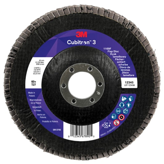 3M™ Cubitron™ 3 Fächerschleifscheibe 1169F, 60+, T27 flach, 125 mm x 22,23 mm, 10/Packung, 100 Stück/Karton