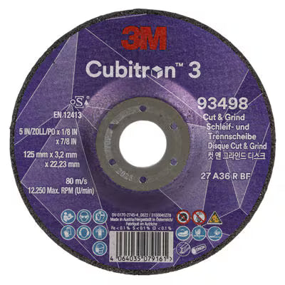 3M™ Cubitron™ 3 Cut & Grind Scheibe, 93498, 36+, T27, 125 mm x 3,2 mm x 22,23 mm, EN, 10/Packung, 20 Stück/Karton
