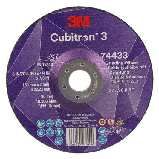3M™ Cubitron™ 3 Schruppscheibe mit reduzierter Bohrung, 74433, 36+, T27, 150 mm x 7 mm x 22,23 mm, Speziell für Kehlnahtbearbeitung, 10/Packung, 20 St/Karton