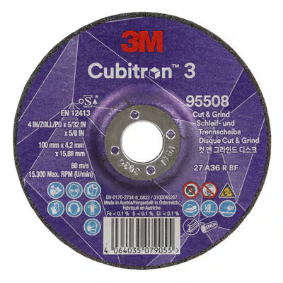 3M™ Cubitron™ 3 Trenn- und Schruppscheibe, 95508, 36+, T27, 100 mm x 4,2 mm x 15,88 mm, EN, 10/Packung, 20 Stück/Karton