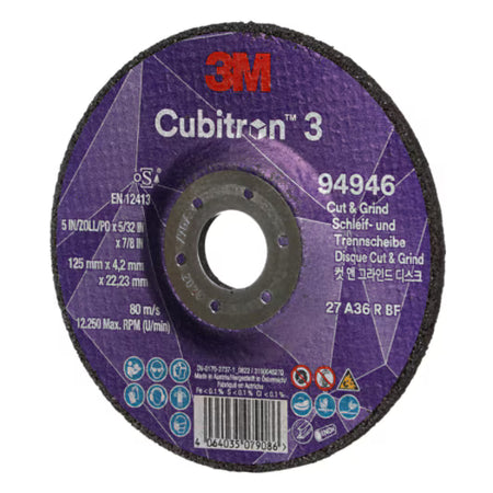 3M™ Cubitron™ 3 Cut & Grind Scheibe, 94946, 36+, T27, 125 mm x 4,2 mm x 22,23 mm, EN, 10 Stück/Packung, 20 Stück/Karton