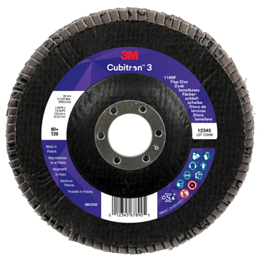3M™ Cubitron™ 3 Fächerschleifscheibe 1169F, 60+, T29 konisch, 125 mm x 22,23 mm, 10 Stück/Packung, 100 Stück/Karton