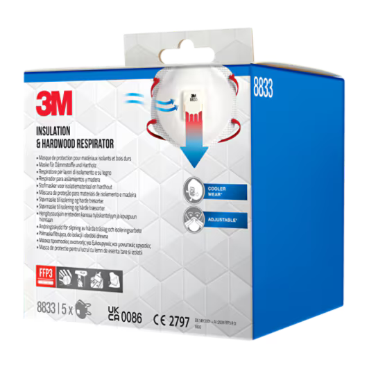3M™ Partikel-Atemschutzmaske 8833PRO5, FFP3, mit Ventil, 5 Stück/Packung, 6 Packungen/Karton