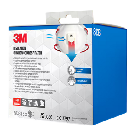 3M™ Partikel-Atemschutzmaske 8833PRO5, FFP3, mit Ventil, 5 Stück/Packung, 6 Packungen/Karton