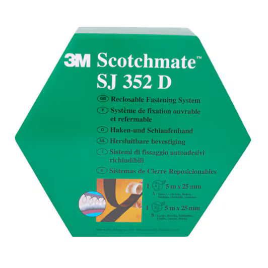 3M™ Wiederverschließbarer Klettverschluss Haken und Schlaufe SJ352D, Schwarz, 25 mm x 5 m, 4.4 mm, Spenderbox