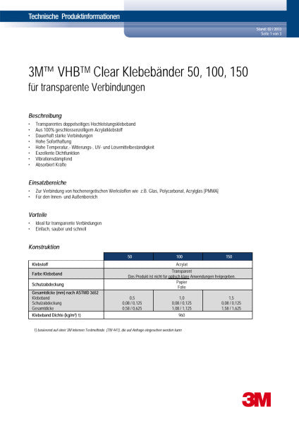 3M™ VHB™ Klebeband 50F, Transparent, 1200 mm x 66 m