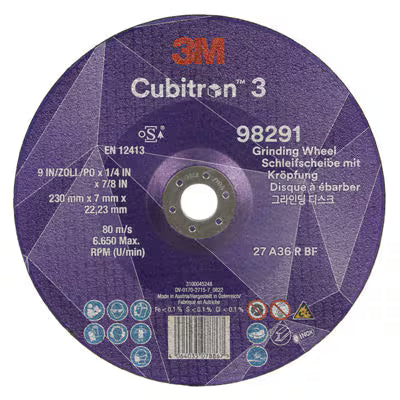3M™ Cubitron™ 3 Schruppscheibe mit reduzierter Bohrung, 98291, 36+, T27, 230 mm x 7 mm x 22,23 mm, EN, 10 Stück/Packung, 20 Stück/Karton