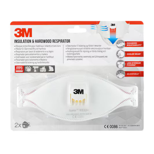3M™ Aura™ Comfort Cool Flow™ Staubmaske 9332+, FFP3, mit Ventil, 2er-Packung