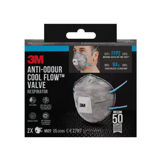 3M™ Cool Flow™ Geruchsabweisende Staubmaske 9922, FFP2, mit Ventil, 2er-Packung