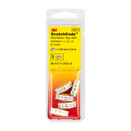 3M™ ScotchCode™ SDR-SYM Kabelmarkierer Nachfüllrollen, Symbole "L1", "L2", "L3", "N", "GROUND", 5x Blisterverpackung