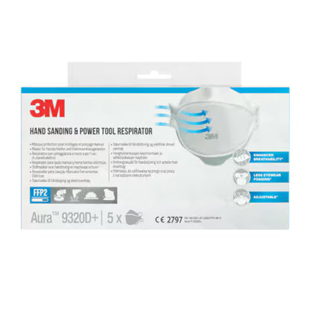3M™ 9320D+ Aura™ Einweg-Atemschutzmasken, FFP2, ohne Ventil, 5/Packung