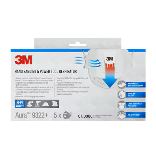 3M™ Aura™ Atemschutzmaske für manuelles und maschinelles Schleifen 9322+, FFP2, Ventil, 5 Stück/Packung