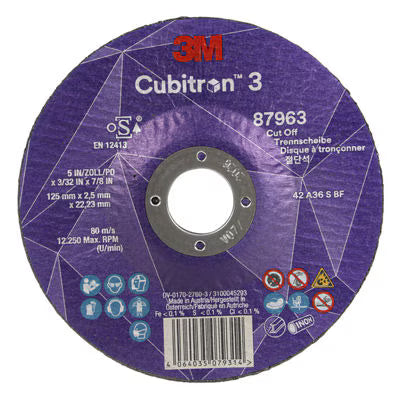 3M™ Cubitron™ 3 Trennscheibe, 87963, 36+, T42, 125 mm x 2,5 mm x 22,23 mm, EN, 25 Stück/Packung, 50 Stück/Karton