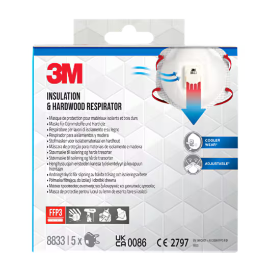 3M™ Partikel-Atemschutzmaske 8833PRO5, FFP3, mit Ventil, 5 Stück/Packung, 6 Packungen/Karton