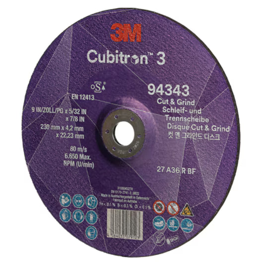 3M™ Cubitron™ 3 Trenn- und Schruppscheibe, 94343, 36+, T27, 230 mm x 4,2 mm x 22,23 mm, EN, 10/Packung, 20 Stück/Karton