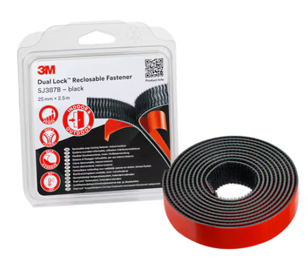 3M™ Dual Lock™ Wiederverschließbarer Verschluss SJ387B, Schwarz, 19 mm x 2.5 m, 6.1 mm, 40 Pilzköpfe/cm², Blister