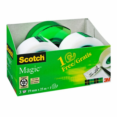 Scotch® Magic™ Unsichtbares Klebeband, 3 Rollen, 19 mm x 25 m + 1 Klebebandabroller Gratis