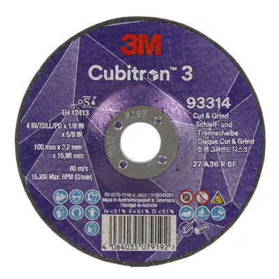3M™ Cubitron™ 3 Trenn- und Schruppscheibe, 93314, 36+, T27, 100 mm x 3,2 mm x 15,88 mm, EN, 10/Packung, 20 Stück/Karton