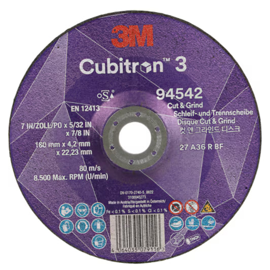 3M™ Cubitron™ 3 Trenn- und Schruppscheibe, 94542, 36+, T27, 180 mm x 4,2 mm x 22,23 mm, EN, 10/Packung, 20 Stück/Karton