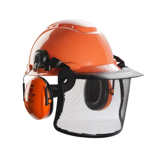 3M™ Forsthelm-Kombination, H700 Orange Helm, Optime I Kapselgehörschutz, V4G Metallgittervisier, H700NOR51V4G