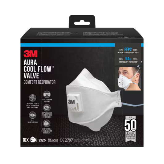 3M™ Aura™ Atemschutzmaske 9322+ Comfort Cool Flow™ Ventil, FFP2, 10 Stück/Packung