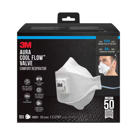 3M™ Aura™ Atemschutzmaske 9322+ Comfort Cool Flow™ Ventil, FFP2, 10 Stück/Packung
