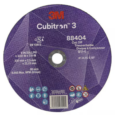 3M™ Cubitron™ 3 Trennscheibe, 88404, 36+, T41, 230 mm x 2,5 mm x 22,23 mm, EN, 25 Stück/Packung, 50 Stück/Karton