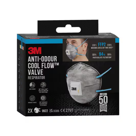 3M™ Cool Flow™ Geruchsabweisende Staubmaske 9922, FFP2, mit Ventil, 2er-Packung
