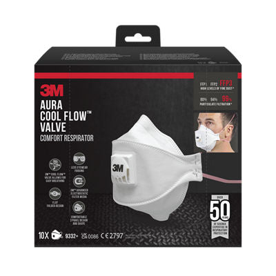 3M™ Aura™ Komfort Cool Flow™ Atemschutzmaske 9332+, FFP3, mit Ventil, 10/Packung