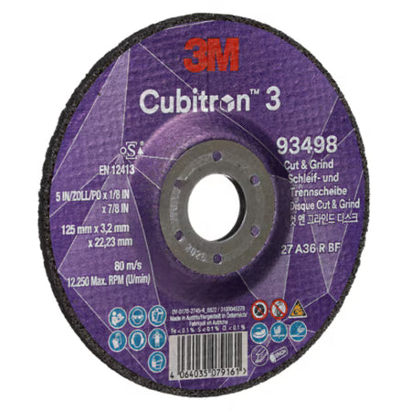 3M™ Cubitron™ 3 Cut & Grind Scheibe, 93498, 36+, T27, 125 mm x 3,2 mm x 22,23 mm, EN, 10/Packung, 20 Stück/Karton