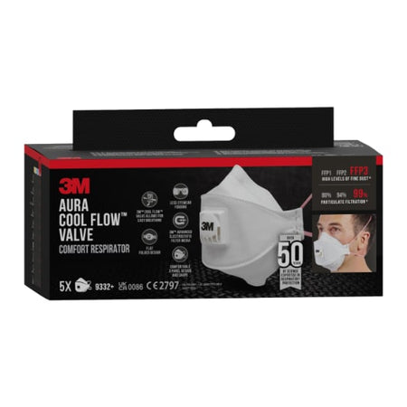 3M™ Aura™ Comfort Cool Flow™ Staubmaske 9332+, FFP3, mit Ventil, 5 Stück/Packung