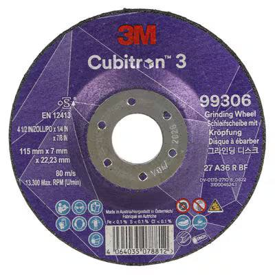 3M™ Cubitron™ 3 Schruppscheibe mit reduzierter Bohrung, 99306, 36+, T27, 115 mm x 7 mm x 22,23 mm, EN, 10/Packung, 20 Stück/Karton