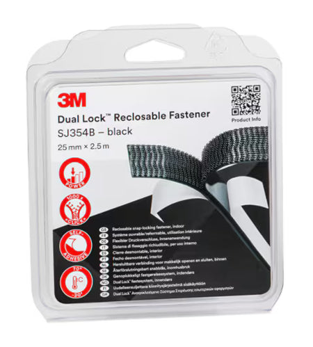 3M™ Dual Lock™ Wiederverschließbarer Befestiger SJ3540, Schwarz, 25 mm x 2.5 m, 5.7 mm, 40 Köpfe/cm², IPC